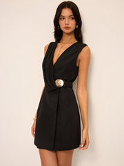 Sleeveless Wrap Mini Dress with Metal Buckle Belt