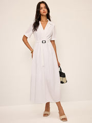 Linen & Blend Belted Pleated Shirt Dress