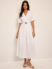 Linen & Blend Belted Pleated Shirt Dress