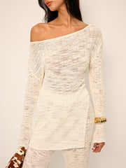 Off-Shoulder Sheer Knit Top and Flared Pants Set