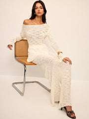 Off-Shoulder Sheer Knit Top and Flared Pants Set