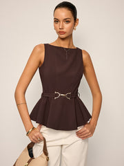 Sleeveless Peplum Top with Metal Buckle Belt