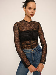 Semi-Sheer Lace Ruched Long Sleeve Top