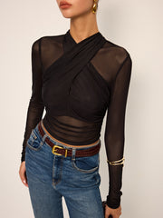 Semi-Sheer Mesh Cross-Front T-Shirt