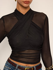 Semi-Sheer Mesh Cross-Front T-Shirt