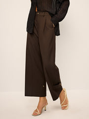 Pleated Wide-Leg Pants with Ankle Button Detail