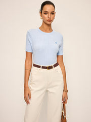 Heart Embroidered Crew Neck Cable Knit Top