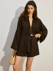 Pleated Button-Front Shorts Set