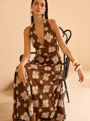 Floral Print Pocketed Halter Neck Maxi Dress