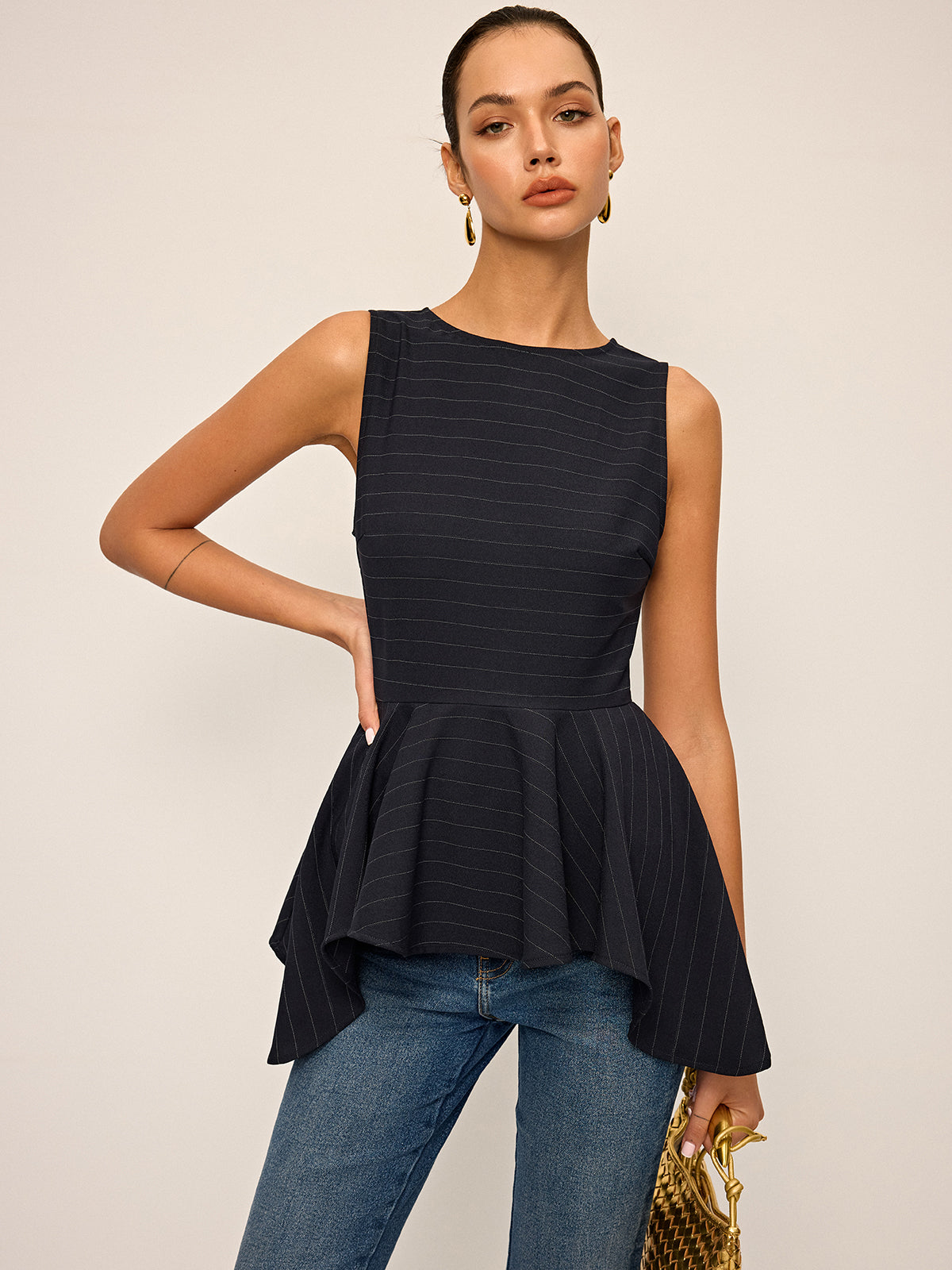 Striped Peplum Hem Sleeveless Top