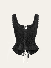 Semi-Sheer Lace-Trimmed Ruched Corset Top