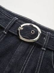 Denim Contrast-Stitch Pants with Belt