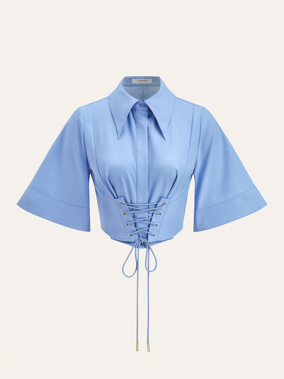 Lace-Up Waist Flare Sleeve Cropped Blouse