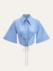 Lace-Up Waist Flare Sleeve Cropped Blouse