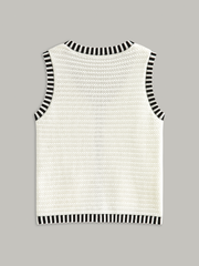 Button Striped Trim Knit Vest