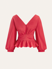 Cotton Deep V-Neck Peplum Top