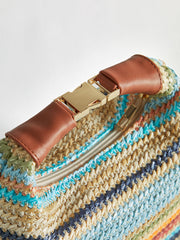 Color-Block Striped Straw Handbag with Leather Strap