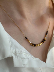 Tiger Eye Stone Beaded Necklace with Gold Chain