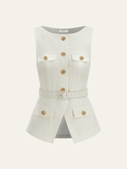 Belted Metal Button Sleeveless Vest