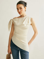 One-Shoulder Asymmetric Hem Top with Bow Detail