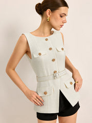 Belted Metal Button Sleeveless Vest