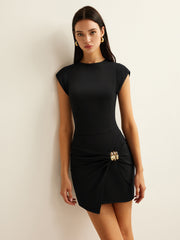 Mock Neck Mini Dress with Metal Buckle Detail