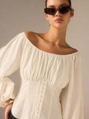Off-Shoulder Lantern-Sleeve Top with Bow Back