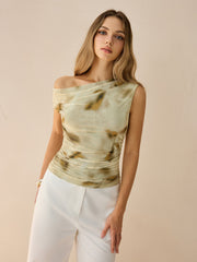 One-Shoulder Ruched Print Top