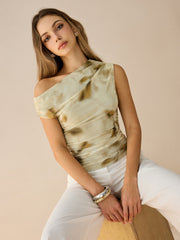 One-Shoulder Ruched Print Top