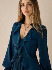 Chiffon Ruffled Long-Sleeve Top and Shorts Set