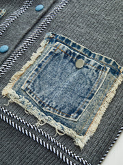 Contrast Trim Denim Panel Cardigan