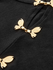 Metal Butterfly Detail Asymmetric Ruched Top