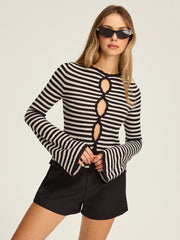 Striped Cut-Out Flare Sleeve Knit Top