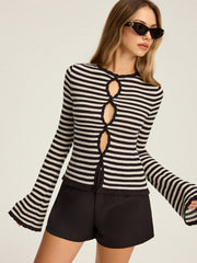Striped Cut-Out Flare Sleeve Knit Top