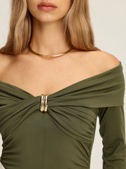 Metal Detail Off-Shoulder Long Sleeve Blouse
