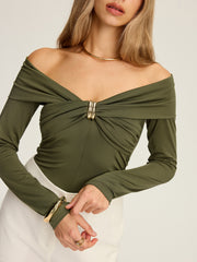 Metal Detail Off-Shoulder Long Sleeve Blouse