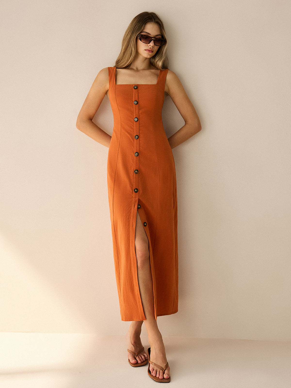 Square-Neck Button-Front Maxi Dress with Slit