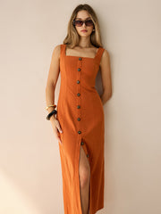Square-Neck Button-Front Maxi Dress with Slit