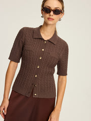 Cable Knit Short-Sleeve Button Top