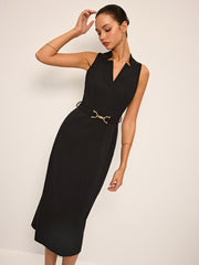 Sleeveless V-Neck Belted Midi Dress