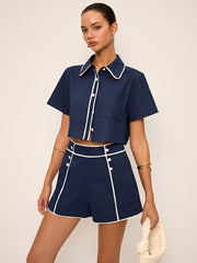 Contrast Piping Crop Shirt and Shorts Set