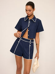 Contrast Piping Crop Shirt and Shorts Set