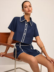 Contrast Piping Crop Shirt and Shorts Set