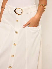 Cotton Button-Front Midi Skirt with Belt