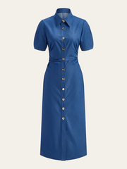 Ruched Polo-Collar Button-Front Midi Dress
