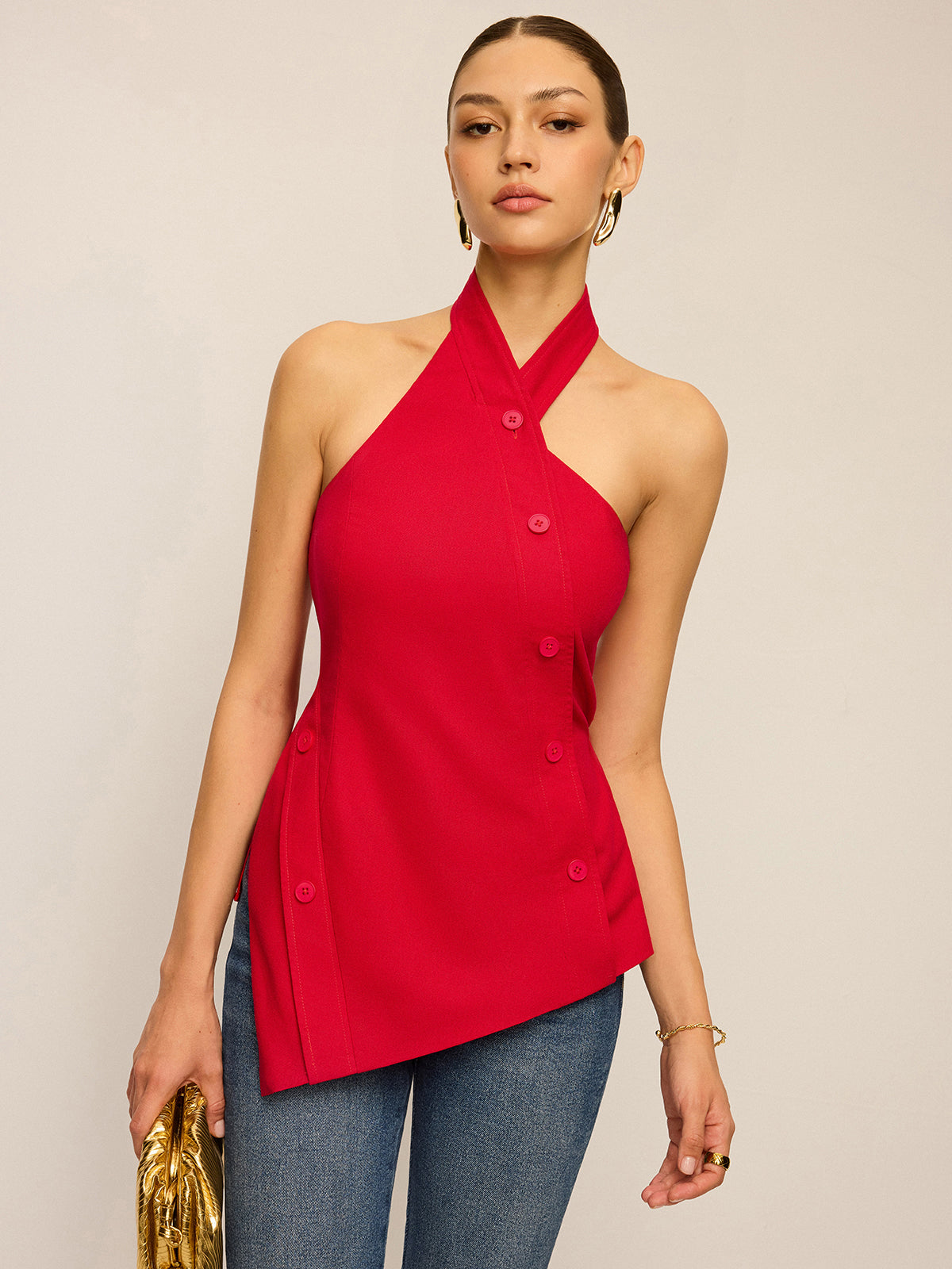 Asymmetric Halter Neck Button Top