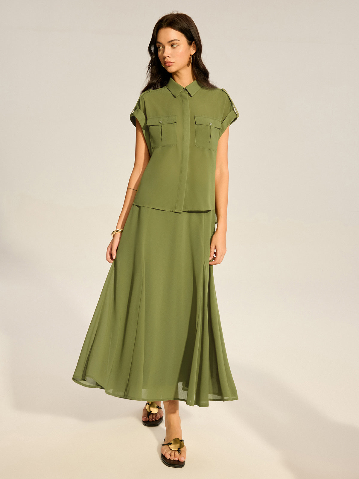 Rolled-Sleeve Pocketed Chiffon Shirt and Midi Skirt Set