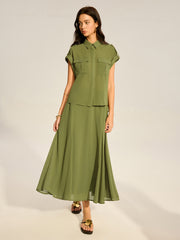 Rolled-Sleeve Pocketed Chiffon Shirt and Midi Skirt Set