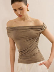 Off-Shoulder Ruched Top with Metal Buckle