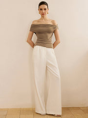 Off-Shoulder Ruched Top with Metal Buckle